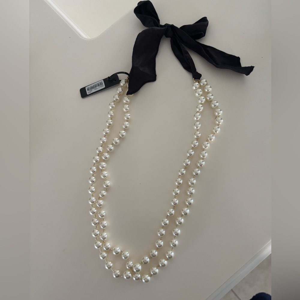 NWT jcrew long layered pearl necklace with black ribbon